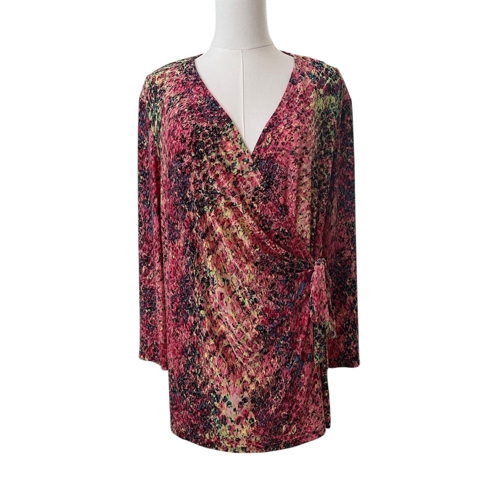 NEW Anne Klein Women's XL Pink Colorful V-Neck Work Casual Wrap Stretch Blouse
